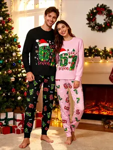 Christmas Funny 6 7 Patterned Couple Pajamas Set, Six Seven Meme Graphic Long Sleeve and Pants Pajamas for Woman and Man, the perfect Christmas gift for Couple. Soft homewear for Fall and Winter.