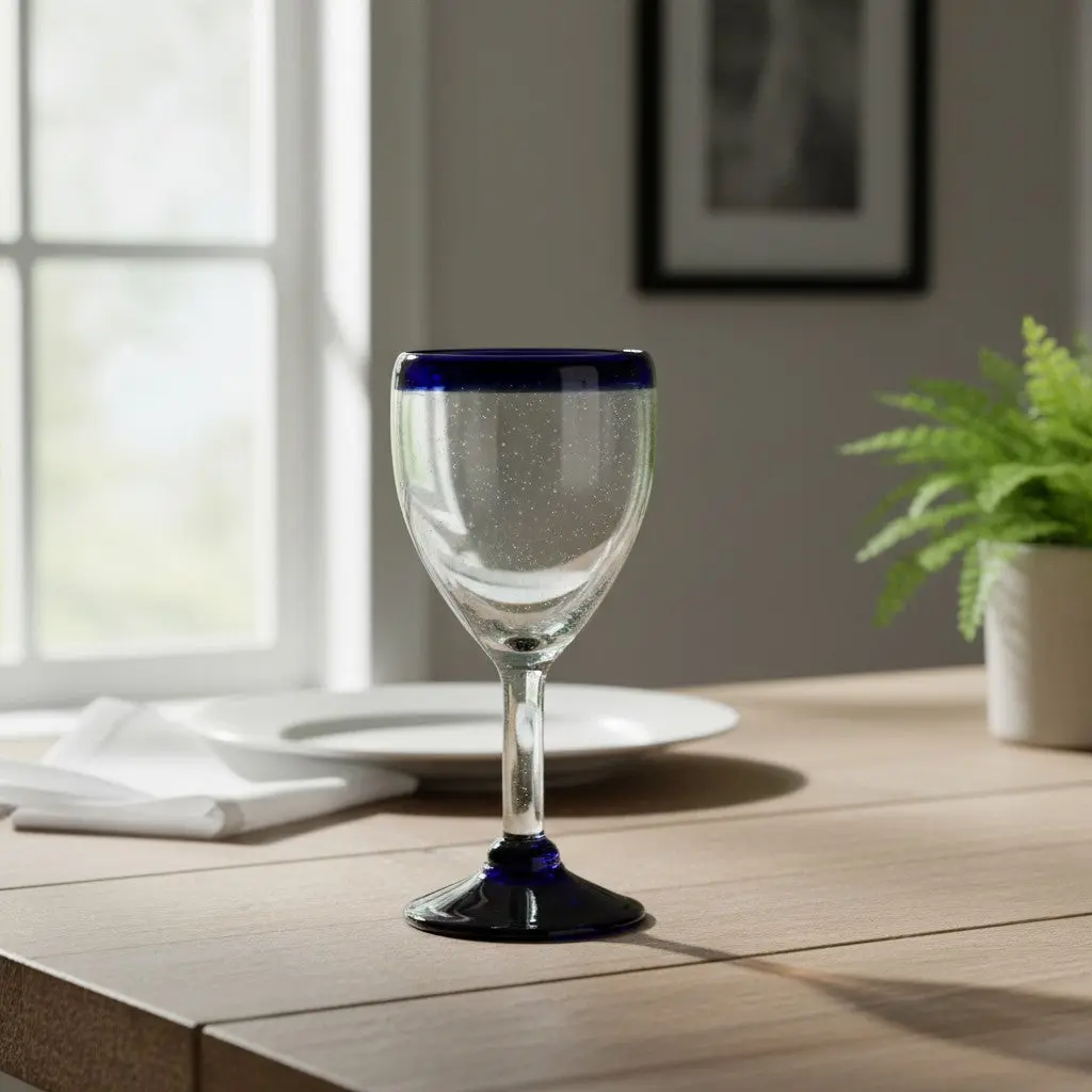 Hand-Blown Mexican Wine Glass | Cobalt Rim Design
