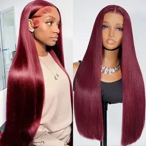 [28'' only $129] 99J Burgundy 13×6 Lace Frontal Wig 100% Human Hair Wigs 180% Density Straight Wigs Pre-Cut Lace Pre Plucked Natural Hairline For Black Women #SummerVibes