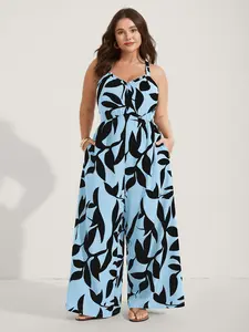 BLOOMCHIC Plus Size Bohemian Wide Leg Overalls Wide Leg Jumpsuit - Floral Print, Sweetheart Sleeveless, Pocket-Equipped, Flattering Fit, Sizes M-6X, 2026 Summer Casual Rompers, Blue Boho Clothes,Spotlight,Summer wins,Deals for you days,vacat Blue Vneck