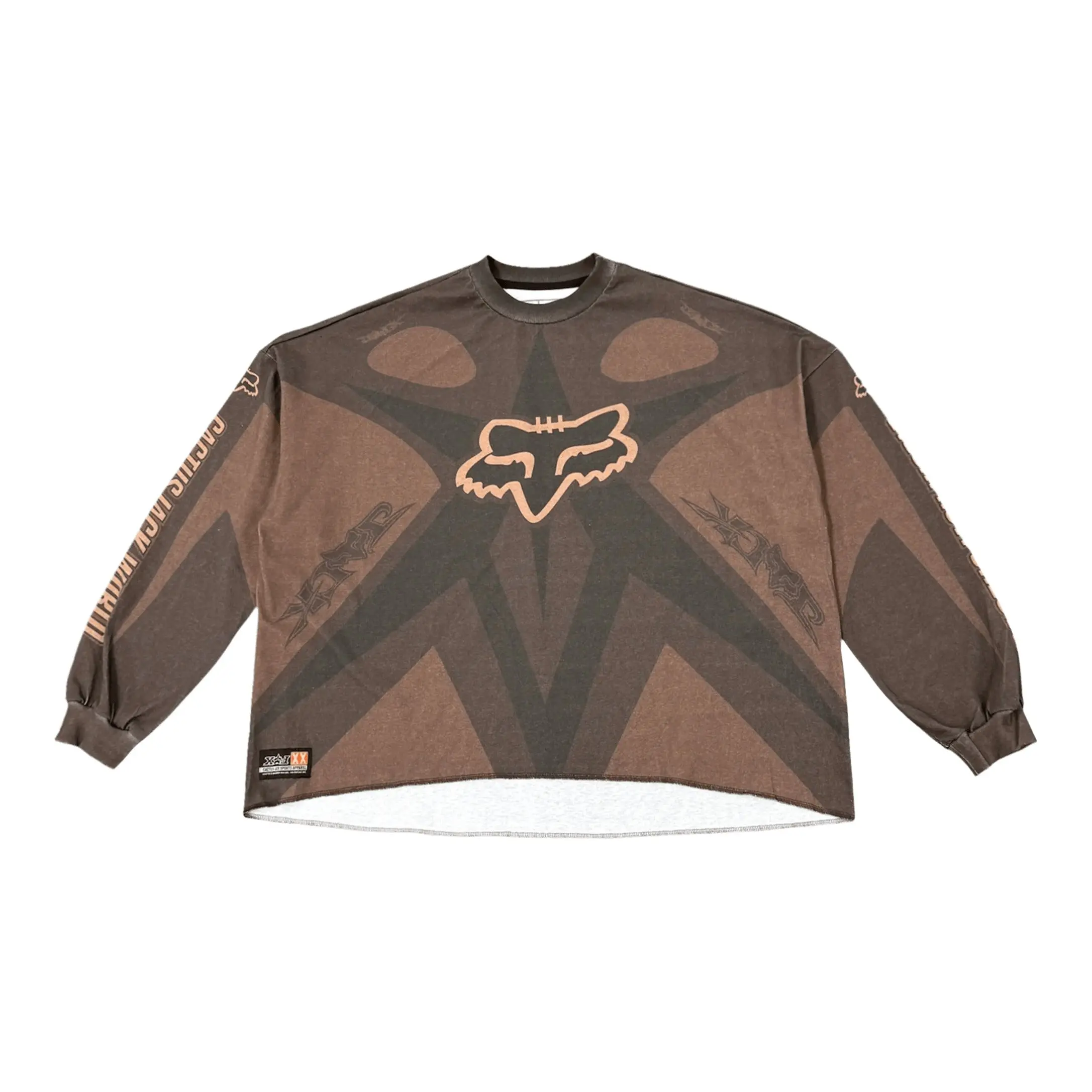 Brown Motocross Racing Jersey with Graphic Print, Unisex Long Sleeve U-Neck Top - ComplexCon Exclusive, S, 100% Authenticity Guaranteed, Graphic Long Sleeves, U-Neck Cut