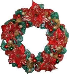 Classic Christmas Wreath with Red Poinsettia Green Mesh and Gold Beads for Festive Decor