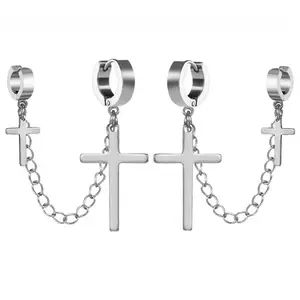 OIDEA Stainless Steel Cross Chain Ear Cuff for Men Women, Non-Piercing Latin Cross Linked Dangle Ear Cuff Earrings, Silver Tone Hoop