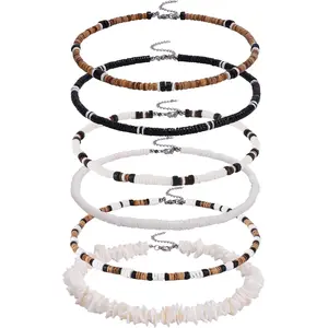 6Pcs Puka Sea Shell Necklace Set - Unisex Exquisite Chain Jewelry, Adjustable Hawaiian-Inspired Summer Beach Surfer Accessory with White Chain & Ceramic Chips