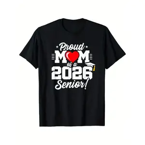 Proud Mom of a 2026 Senior T-Shirt - Black Casual Round Neck Tee with White Lettering & Red Heart Design, Perfect Gift for Graduation, Christmas, Thanksgiving, Halloween, Breast Cancer Awareness, Graduation Gift |   Playful Design |   Comfortable Fit