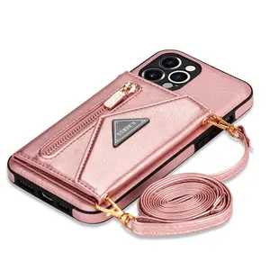 Zipper Crossbody Wallet for IPhone 16 15 14 13 12 Mini 11 XR XS Pro Max 8 Plus Case with Card Holder Lanyard StrapLeather Cover