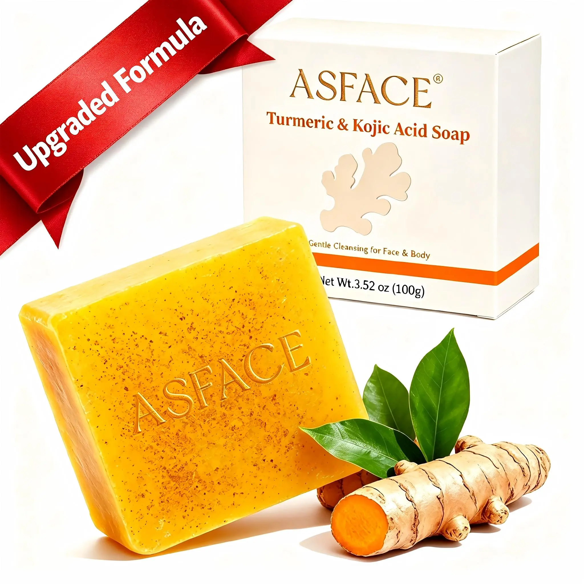 [ASFACE] Turmeric Kojic Acid Soap, Rich Creamy Lather Gentle Cleanse, Hydrating & Non-Tight, Face & Body Bar, Upgraded Formula, Add Bakuchiol, Lactobacillus Ferment, Sodium Hyaluronate, With Soap Bag