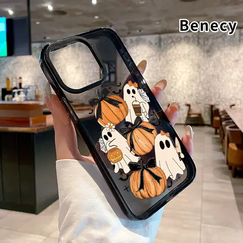 Transparent Flexible TPU Smartphone Case - Anti-Yellowing, Shockproof with Shock-Absorbing Pad Cushions Drops, Durable, Ultra-Thin Crystal Cover, Ghosts & Pumpkins Design, Fits iPhone 17 Pro Max Series,16,16e,15,14 Plus,13,12,11,Air Mobile Accessory