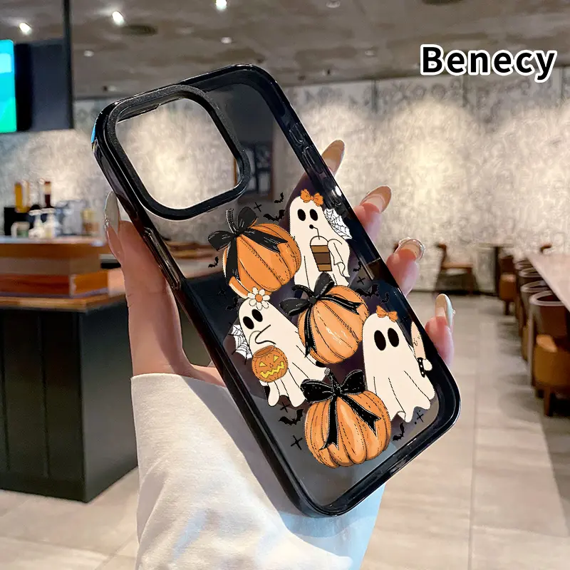 Transparent Flexible TPU Smartphone Case - Anti-Yellowing, Shockproof with Shock-Absorbing Pad Cushions Drops, Durable, Ultra-Thin Crystal Cover, Ghosts & Pumpkins Design, Fits iPhone 17 Pro Max Series,16,16e,15,14 Plus,13,12,11,Air Mobile Accessory