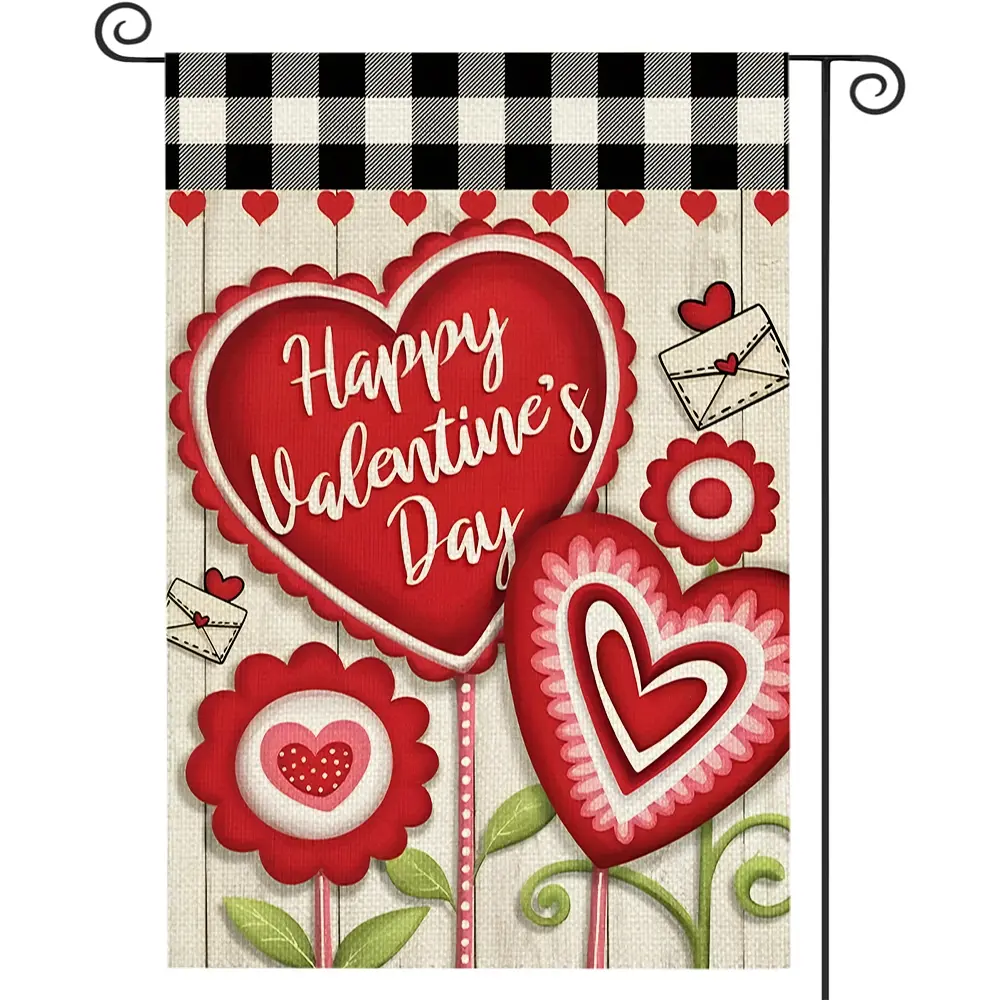 1Pc Abstract Heart Valentine's Day in a Grid Pattern Garden Flag 12x18-inch Double-sided Polyester Outdoor Yard Flag with Flower and Cat Watercolor Print, Versatile Holiday Decoration