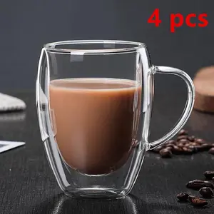 Set of Four Double Wall High Borosilicate Stylish Glass Cups, 350ML Insulated Handle Milk and Coffee Glasses, Heat Resistant Egg-Shaped Design, Stylish Drinkware, Double Walled Glass