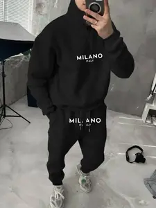 Men's Casual Sportswear Set, Half-Zip Stand Collar Jacket & Pants, Milano Italy Print, Simple Style, Daily Wear, Streetwear Tracksuit Set