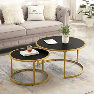 Modern Faux Leather Nesting Round Coffee Table with Golden Metal Base, Accent Tea Table for Living Room Set of 2