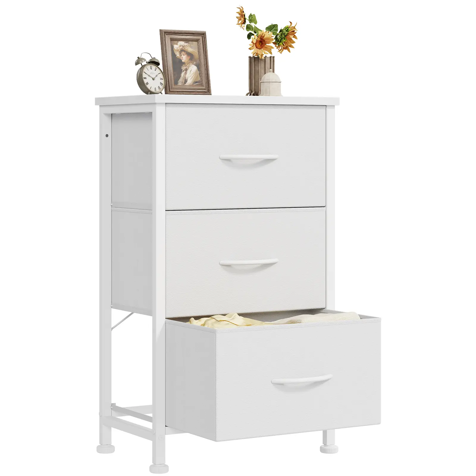 Sweetcrispy 3-Drawer Fabric Nightstand with Metal Frame - Small Bedroom Bedside Storage Chest, Compact Indoor Cabinet for Closet Use