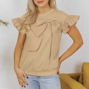 Parchment Two Tones Ribbon Bow Ruffle Sleeve Top - 80% Polyester 20% Cotton Fashionable Two-Tone Color Scheme with Sweet Bow Detail