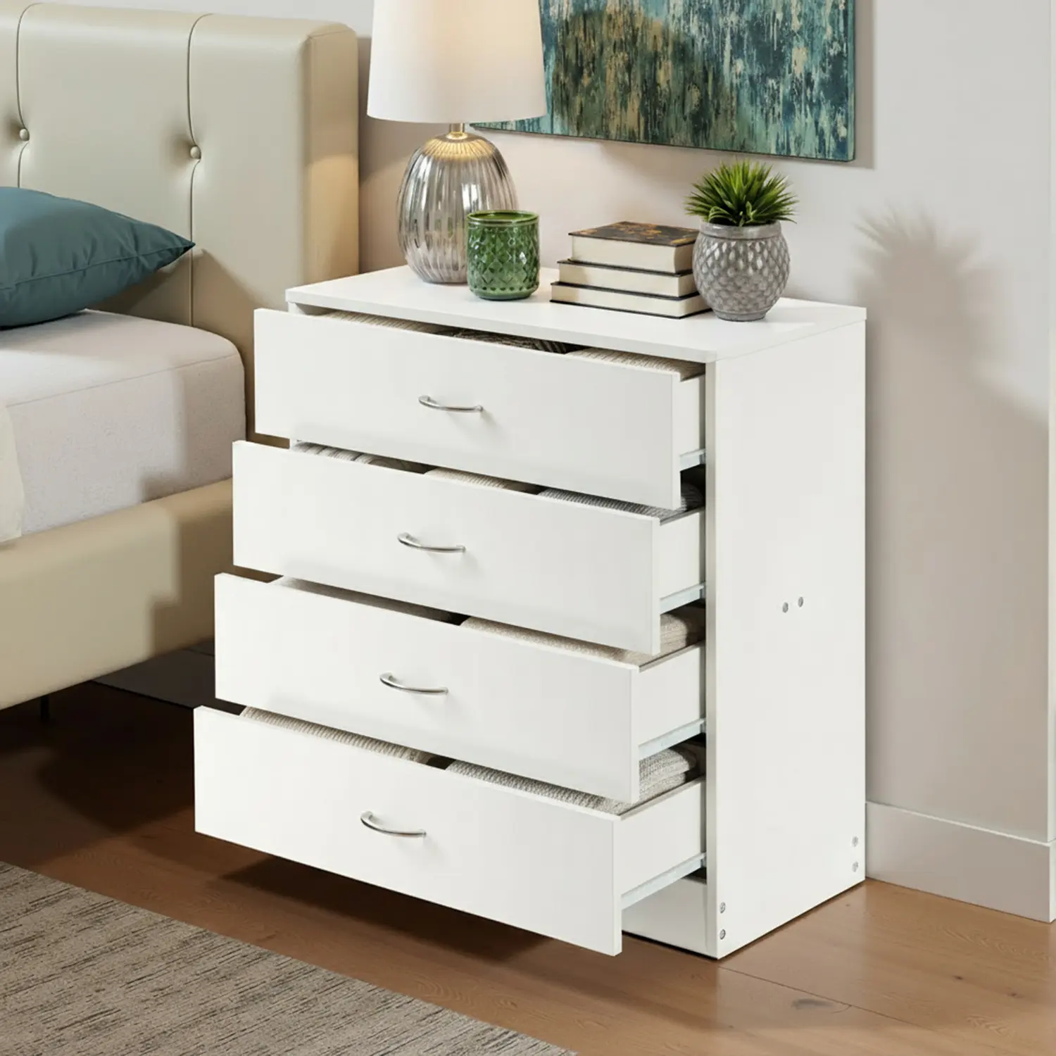 Spaco 4-Drawer White Wood Dresser - Retro, Assembly Required Indoor Bedroom Furniture, Rectangle Interior Storage, Durable Minimalist Deep Drawers, Modern Apartment Closet Decluttering Piece