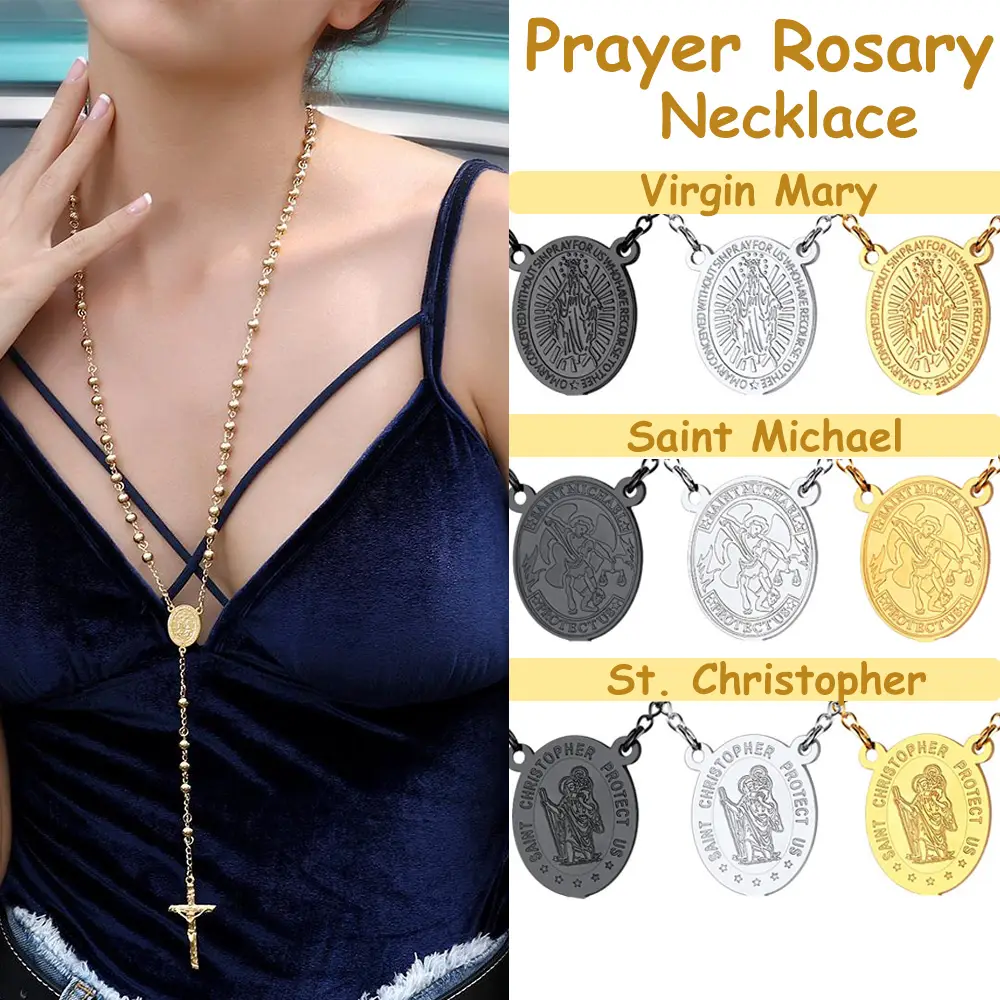 U7 Prayer Rosary Necklace Jesus Cross Crucifix Pendant St. Benedict/ St. Michael/St. Christopher/Virgin Mary Medal Pendant Silver/Golden/Black Stainle