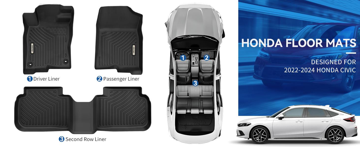 YITAMOTOR Floor Mats for Honda Civic Sedan 2022-2025 Custom Fit Black All Weather Front & Rear Row Trunk Liners Car Floor Mats Set