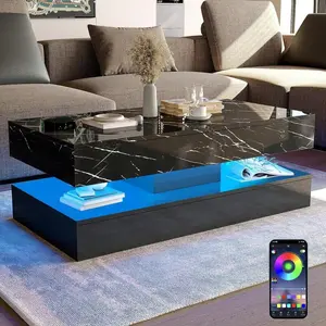 LED Coffee Table With 2 Storage Drawers, Modern High Gloss Black/White Coffee Table W/20 Colors LED Lights, 2 Tiers Rectangle Center Table For Living Room With Marbling Print, APP Control