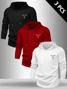 Men's 3-Piece Set Bull Graphic Print Hooded Fitted Long Sleeve T-Shirt, Fall & Winter Outdoor Casual Street Fashion Comfy Fit Versatile Top, 3 Pieces Pack