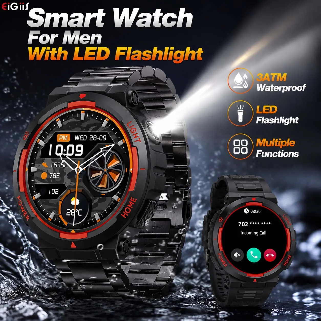 EIGIIS Men's Electronic Health Fitness Smartwatch, 1.53in Full Touch Screen, 3ATM Waterproof, Wireless Calling Device, LED Flashlight, 100+ Sports Modes, Large Battery Outdoor Watch, Music Player, Message Alerts, Multi-Tool Compatible With iPhone Android