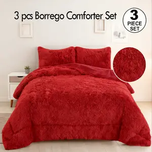 3pc Solid Color Shaggy Comforter Set Luxury PV Faux Fur & Soft Velvet Back Ultra Plush Warm Winter Quilt Thick Minky Fleece Cozy Bedding Reversible Blanket Modern Marble Aesthetic Room Decor Christmas Present Queen King California Size Local Warehouse