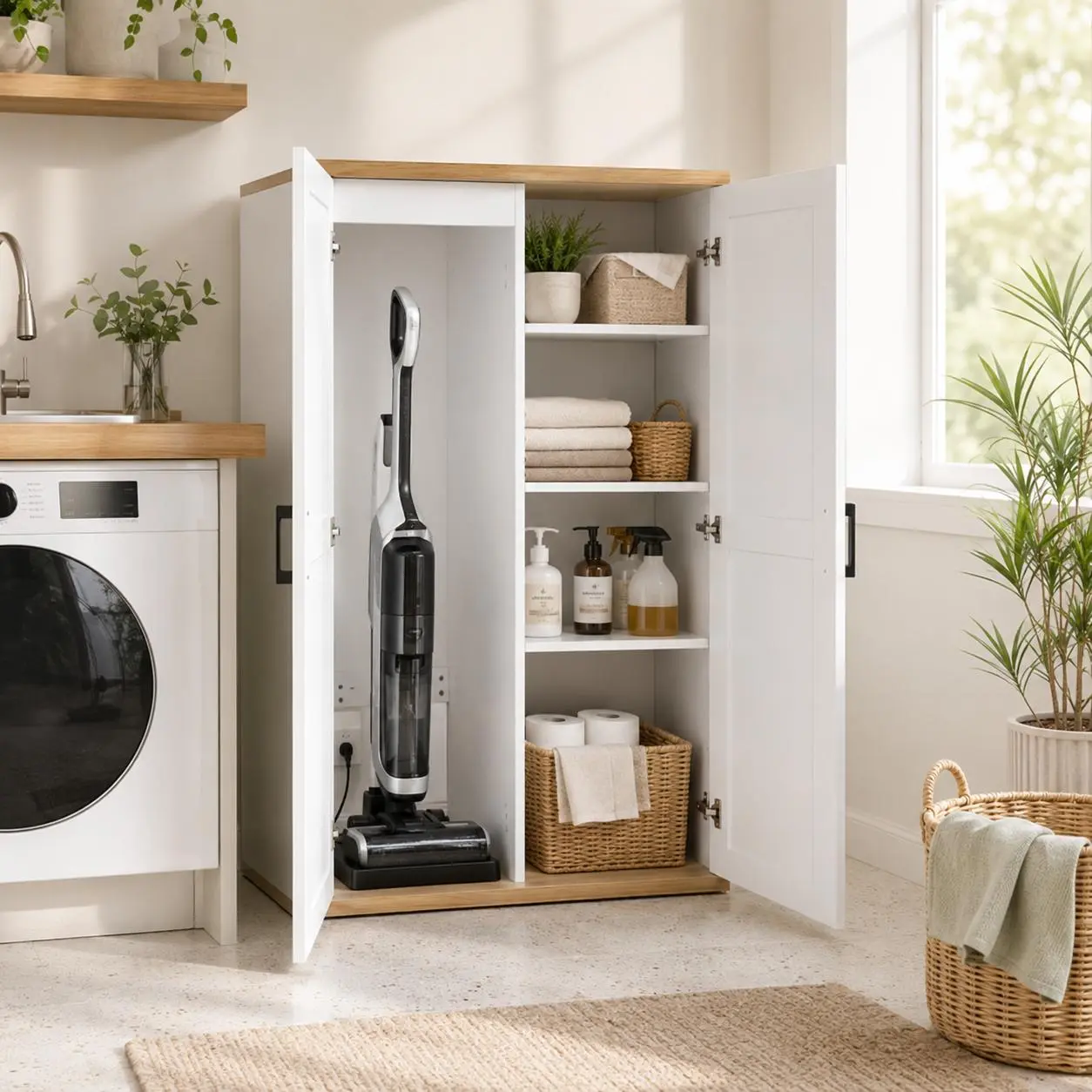 55.1" Tall Wooden Vacuum Storage Cabinet, 2-Door Broom Closet with Adjustable Shelf, Cleaning Tool Organizer for Kitchen, Garage, Laundry Room, Bathroom or Utility Room, White