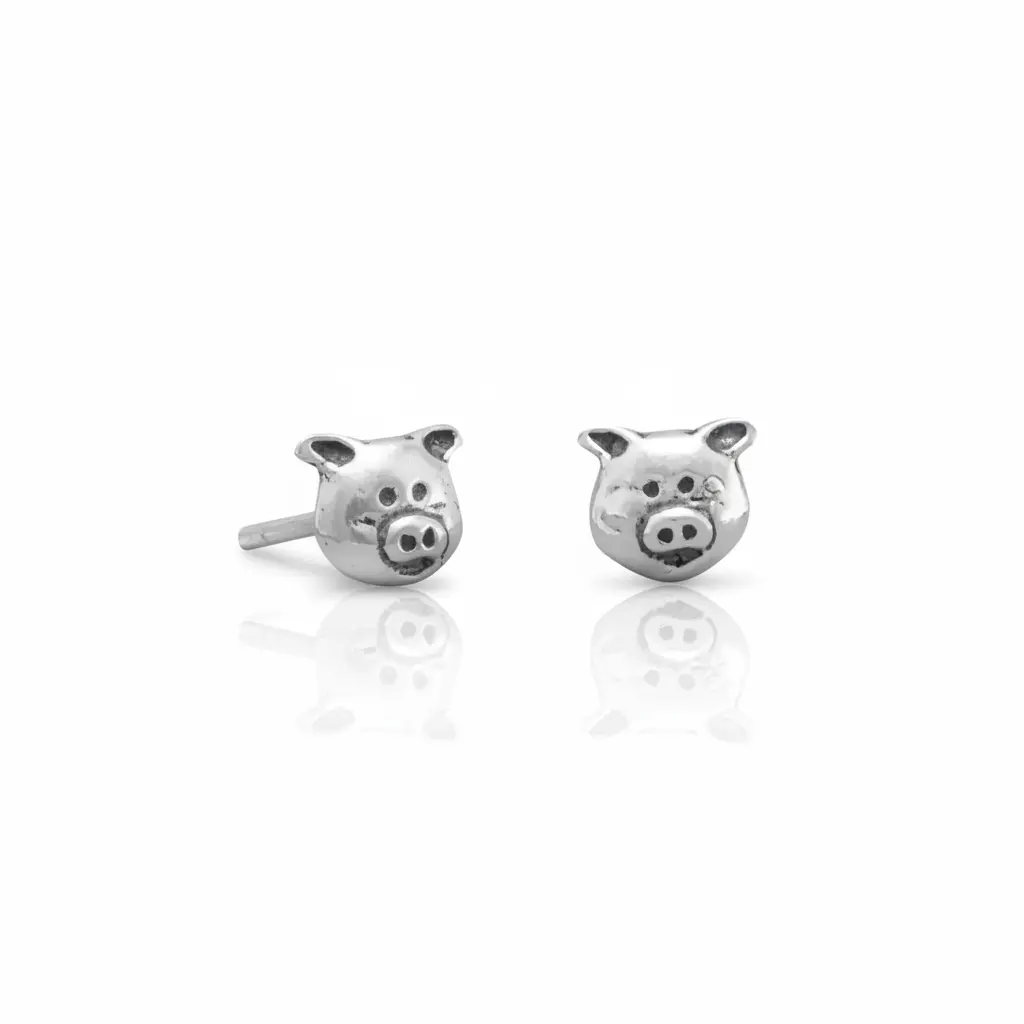 Sterling Silver Piggy Face Stud Earrings, Oxidized, 6mm x 5mm