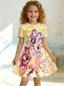 Children Cyberpunk Short Sleeve Dress, Asymmetrical Design, Fitted Knee Length, Casual One-Piece, All over Print, Summer Fashion