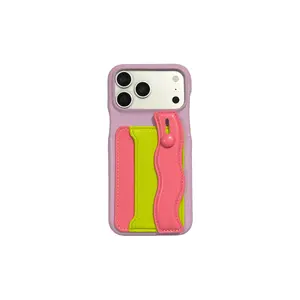 Phone Case: Vibrant Color Dopamine Synthetic Leather Color Block Patchwork Card Slot Design Snap Button Wrist Strap Fashion Semi-Case Phone Case, Suitable for iPhone Case/iPhone 17 Pro/iPhone 16/15 Pro Max/14/13