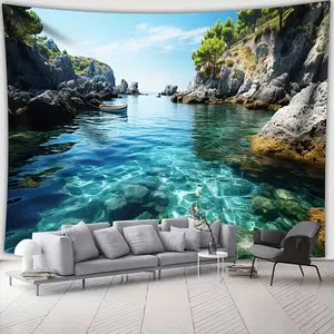 Large Ocean Mountain Blue Sky Landscape Photo Backdrop Tapestry, Polyester Wall Hanging for Living Room Bedroom Party Decoration, Durable Decorative Tapestry
