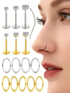 7PCS/13PCS A Set Flat Back Earrings for Women Men  16G Stainless Steel Nose Studs Hoops Rings Internal Thread CZ Studs for Cartilage Helix Conch Tragus Piercing Jewelry Nose Piercing Kit