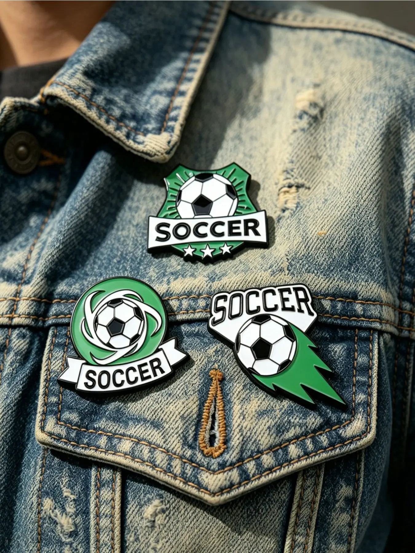 3-piece trendy and cool zinc alloy green football pin set, ideal for football fans to wear while watching matches, Brooch Pins, Durable Metal Pins