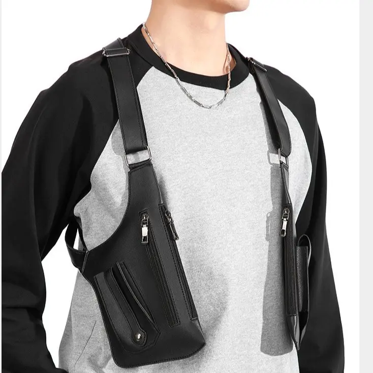 Men's Leather Underarm Holster Bag, Double Shoulder Chest Harness Vest Pouch, Multi-Pocket Crossbody Utility Bag for Daily Commute & Streetwear