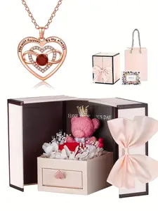 Double-layered heart infinity pendant necklace with a teddy bear and rose gift box, women's necklace, Mother's Day gift, everyday and holiday gift, Christmas, Thanksgiving, Valentine's Day, and anniversary gift, women's jewelry gift, gift for family, moth