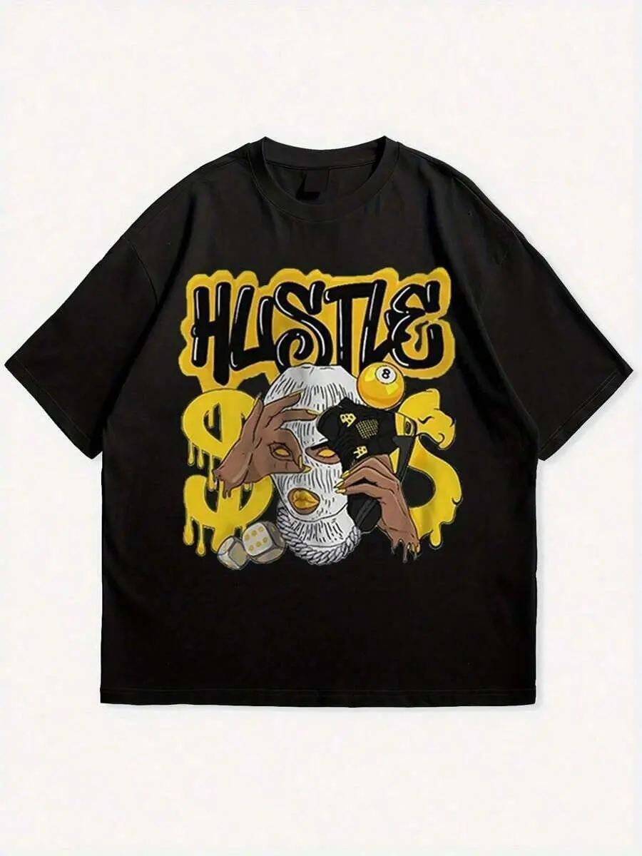 Women's Soft Cotton Hustle Graffiti Digital Print T-Shirt - Baggy Crew Neck Short-Sleeve Streetwear Top, All Seasons, Lightweight, Oversized Cut, Athletic Wear for Concerts & Festivals, Short Sleeves, Casual
