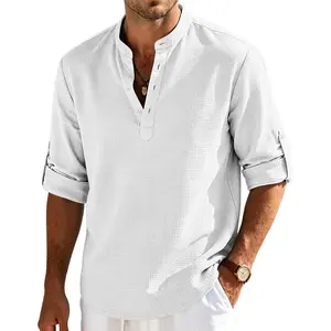 Men's Casual Henley Shirts Collarless Roll-up Long Sleeve Button Down Waffle T Shirt