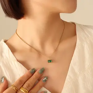 Women's 18K Gold-Plated Emerald Green Zircon Necklace and Earring Set - Minimalist Cool-Style Hypoallergenic Titanium Steel Stackable Jewelry for Daily, Office Wear