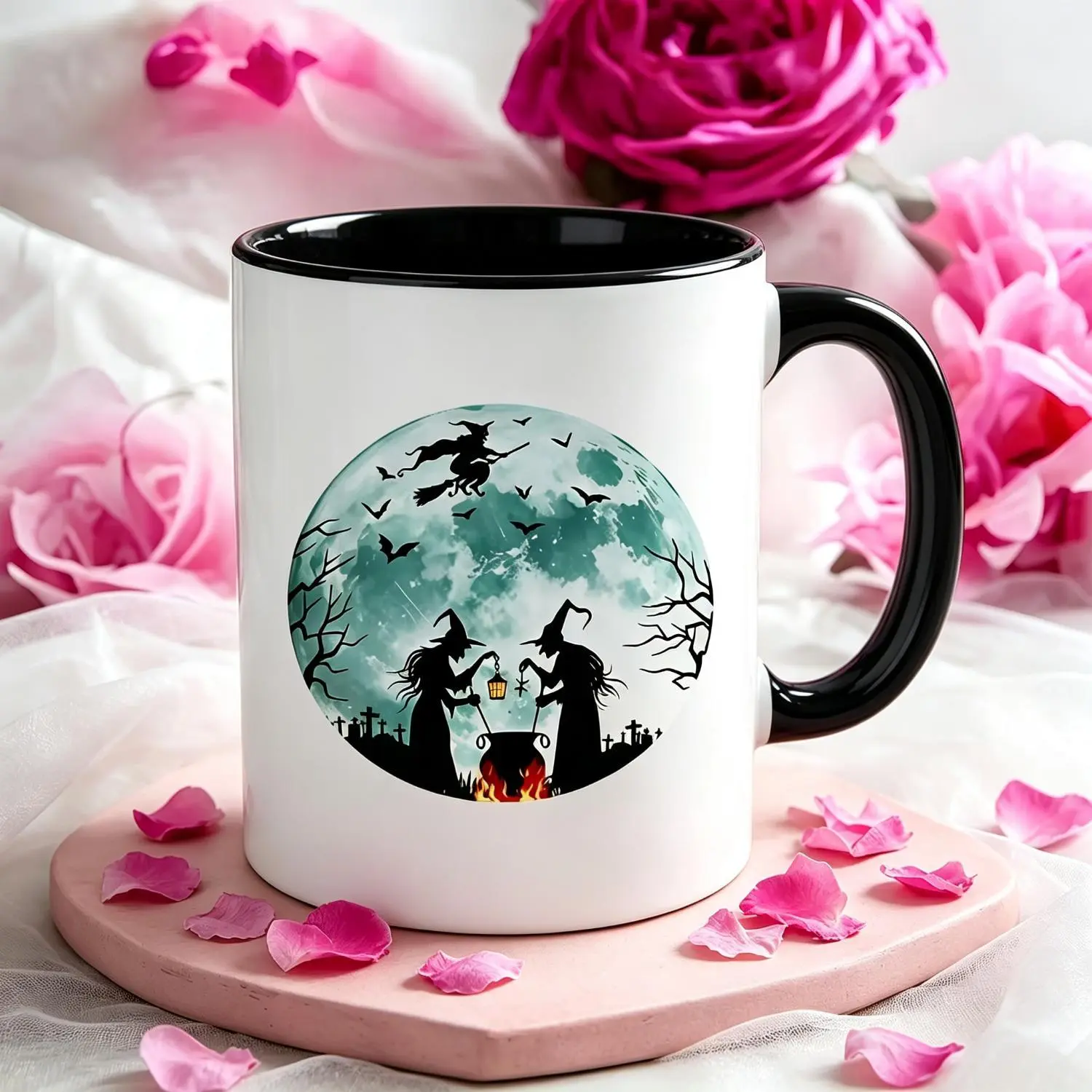 Gothic Witch Cauldron Mug with Full Moon & Bat Tombstone Two Witches Stir Cauldro Halloween Gifts Bat Cemetery Decorations