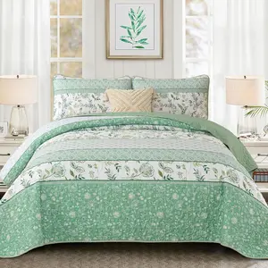 Floral Set Queen Size, Bohemian Striped Patchwork Bedspread with Pillowcase, 3 Pieces Soft Farmhouse Bedding Set for All Season (96"x90")