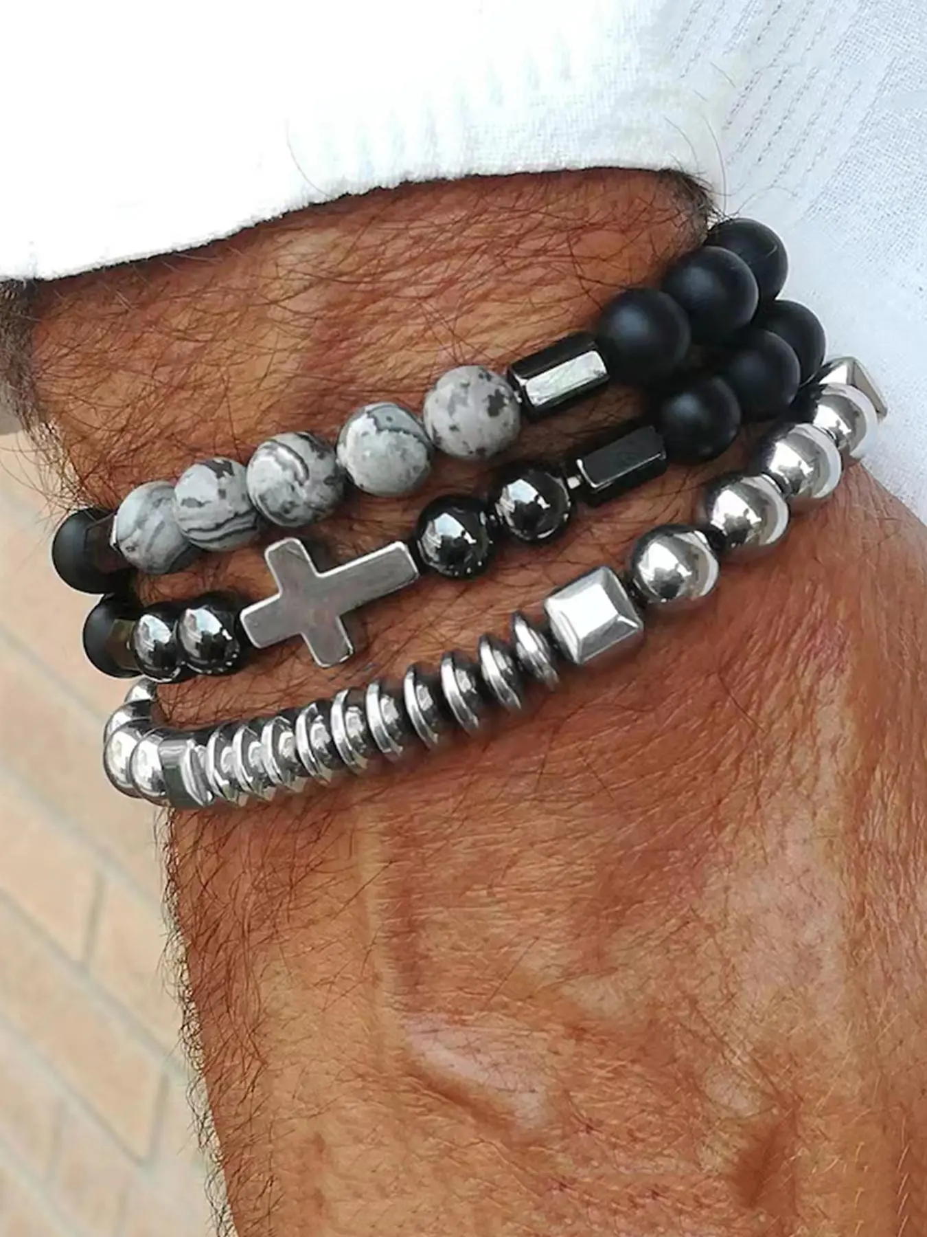 Men's Street Trend Beaded & Cross Charm Bracelet Set, 3pcs/Set Trendy Matching Stackable Bracelets, Hip Hop Vintage Jewelry Gift for Boyfriend, Layered Bracelet