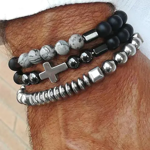 Men's Street Trend Beaded & Cross Charm Bracelet Set, 3pcs/Set Trendy Matching Stackable Bracelets, Hip Hop Vintage Jewelry Gift for Boyfriend Beaded Bracelet Pack