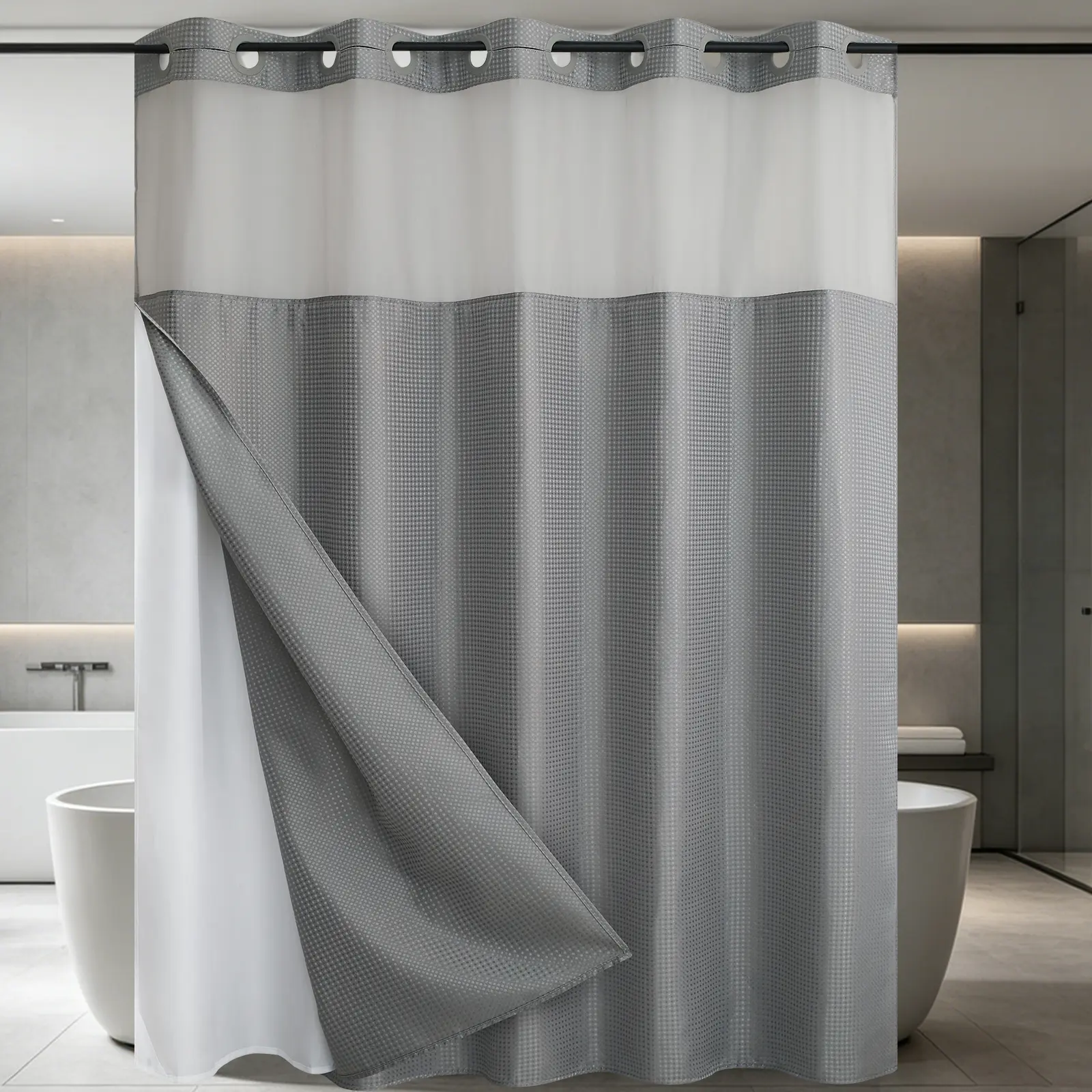 Hookless Shower Curtain with Snap-In Liner - Lightweight Straight 72x75 in Double Layer Bathroom Shower Curtain for Campers, Washable Inner Liner, Shower Curtains, Hookless Shower Curtains