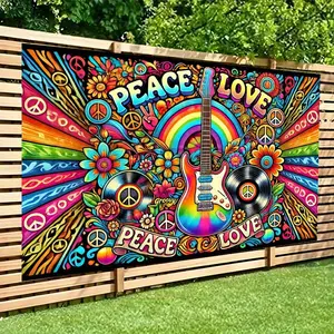 Large Hippie Retro 1960s-70s Inspired Wall Hanging Tapestry - Electric Guitar, Peace Signs, Floral Rainbow Decor - Stitched Edges for Durability - Perfect for Living Room, Bedroom, Music Studio, Office - Peace Love Theme Decoration, Indoor Fabric Artwork