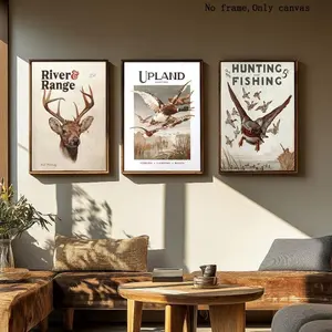 3-Piece Framed Canvas Art Set, Vintage Hunting Prints, Deer Hunter Gifts, Wildlife Wall Decor, Western Wall Art for Home & Bar, Coffee Shop Decoration, Indoor Decoration