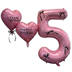 Pink Balloon's Pack Heart and Number Balloons for Birthday Celebrations with "Happy Birthday" Stickers and Black Ribbons