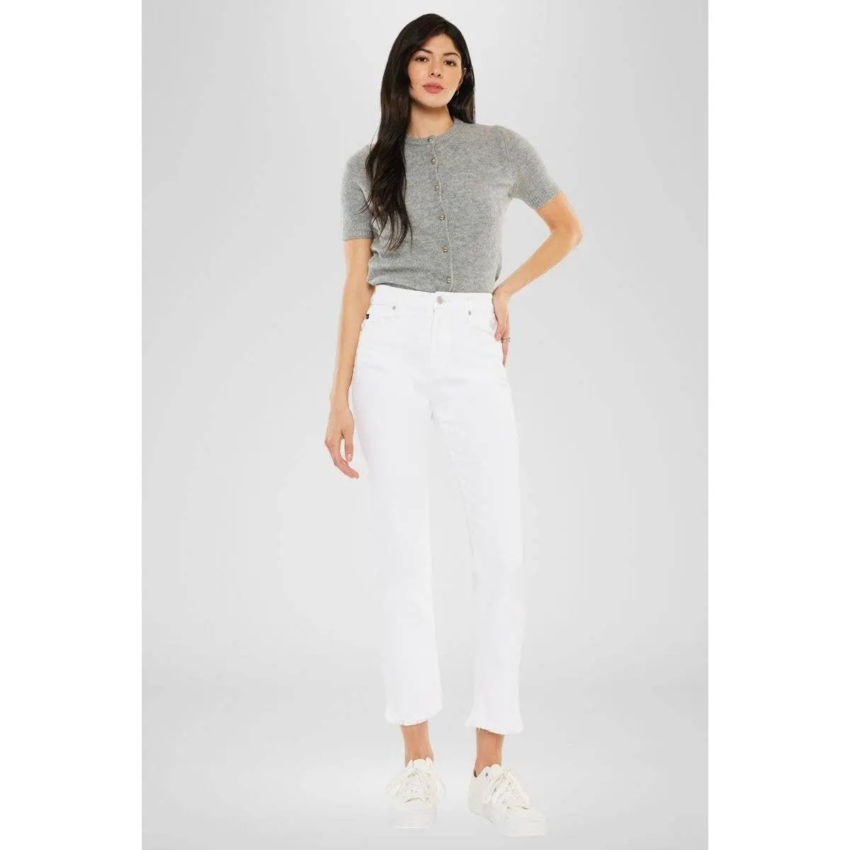 Kan Can USA - High Rise White Slim Straight Jean w/ Fray Hem