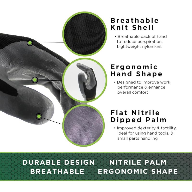 Coated Knit Gloves with Nitrile Palm – Black, Medium, 12 Pairs