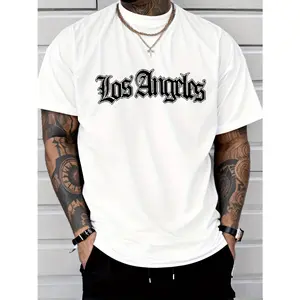 Men's summer 100 cotton fashionable casual loose plus size Los Angeles letter printed sports round neck short sleeved T-shirt