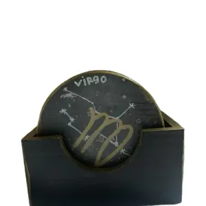 Custom Set of 6 Front/Back Reversible Zodiac Coasters with Dates & Astrological Constellations, Hand Painted, Fully Customizable, Includes Coaster Holder - Tableware
